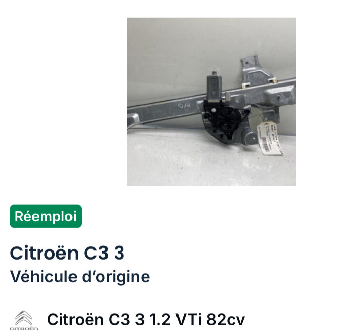 Réemploi Lève-vitre arrière gauche
Citroën C3 3